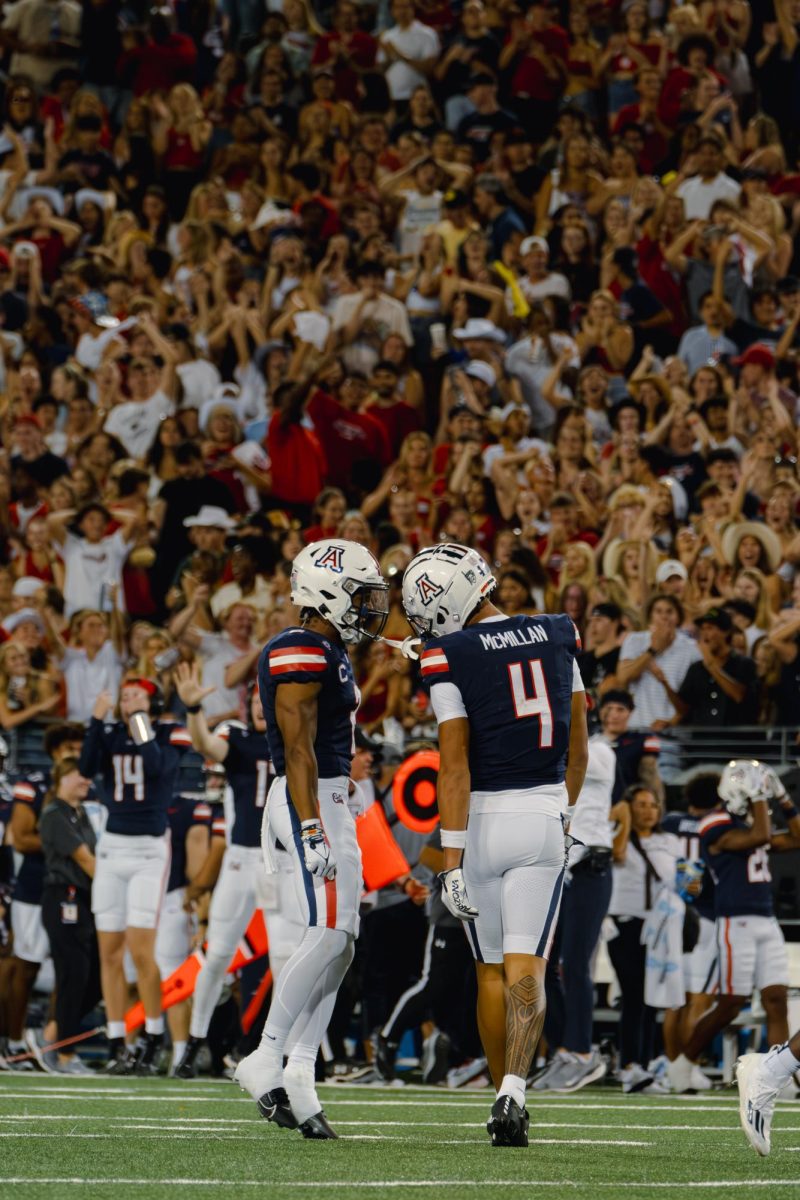 Arizona+wide+receivers+Jacob+Cowing+%282%29+and+Tetairoa+McMillan+%284%29+show+emotions+after+McMillans+impressive+catch+at+Arizona+Stadium+on+Saturday%2C+Sept.+16.+The+Wildcats+secured+a+31-10+win.%0A